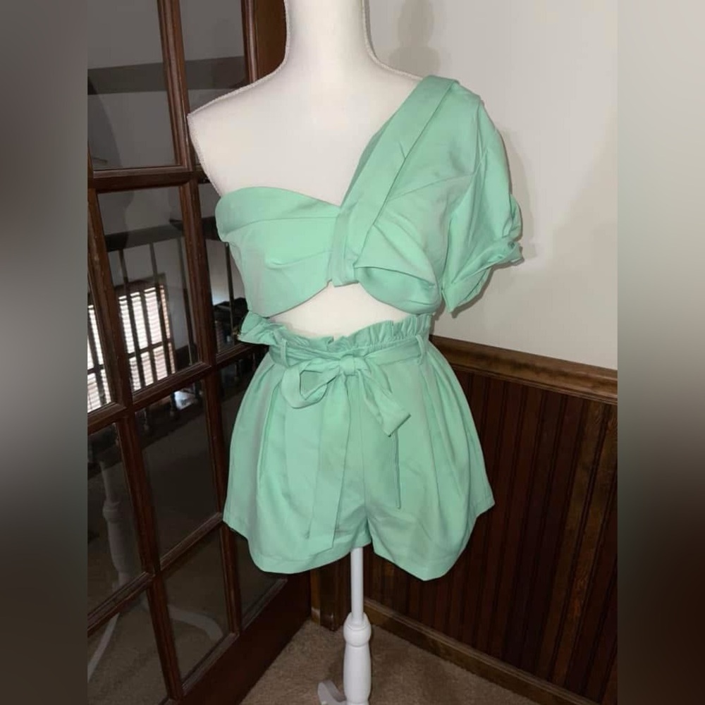 Mint Green Off-Shoulder Top and Shorts Set